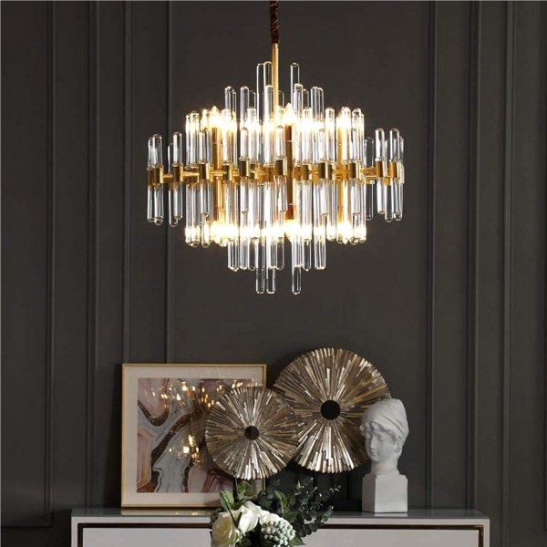 Brass Chandelier with Clear Glass Rods Shade, Chandelier